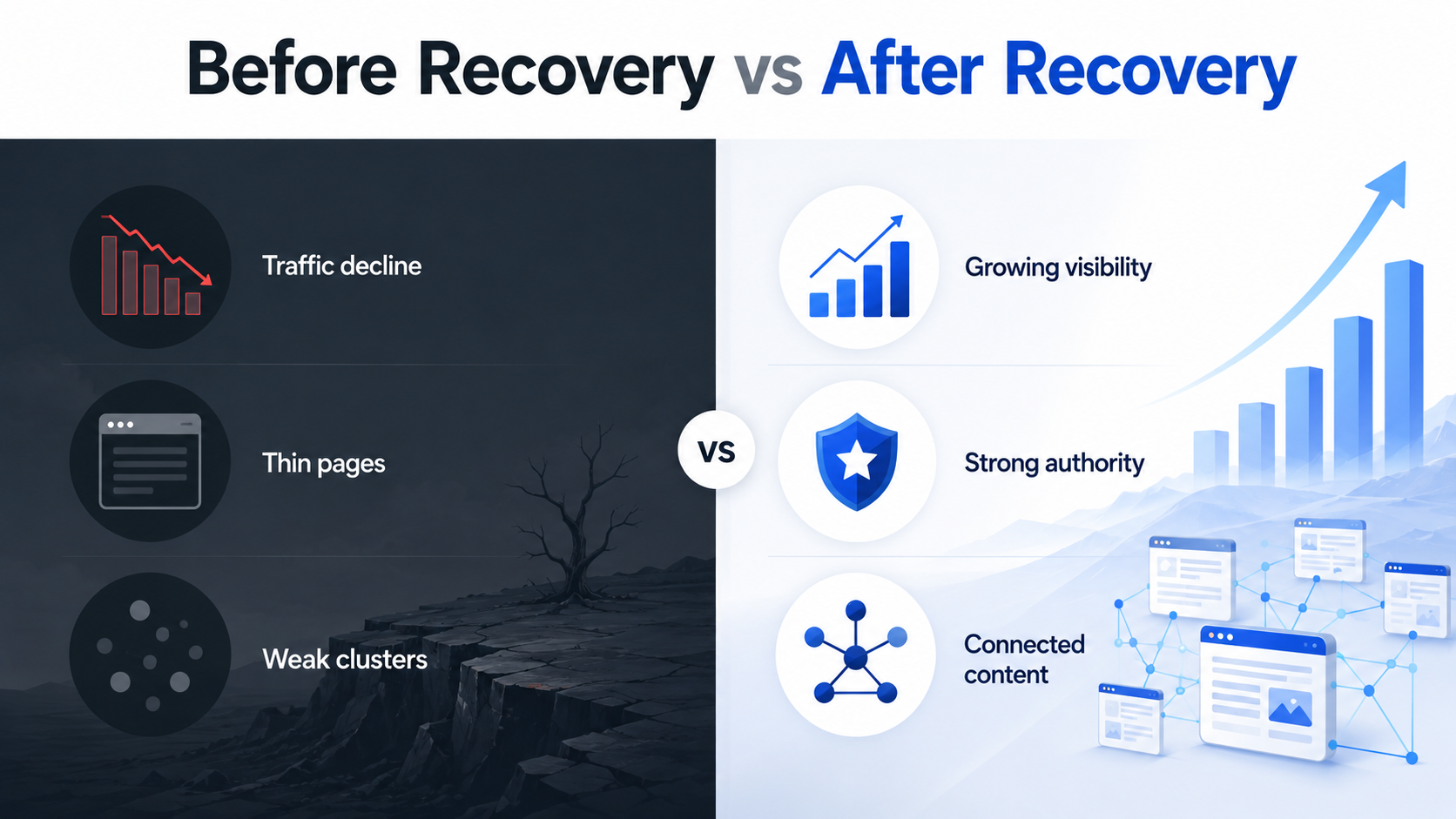 Before and after core update recovery - visibility timeline showing the wait-diagnose-improve cycle and recovery often arriving with the next Google core update, by RankSenseAI