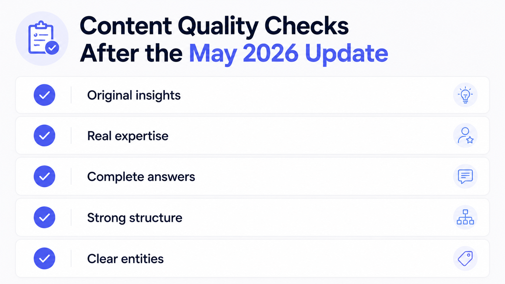 Core update content quality checklist - original research, first-hand experience, expert authorship, clear structure and trust signals used in RankSenseAI recovery audits